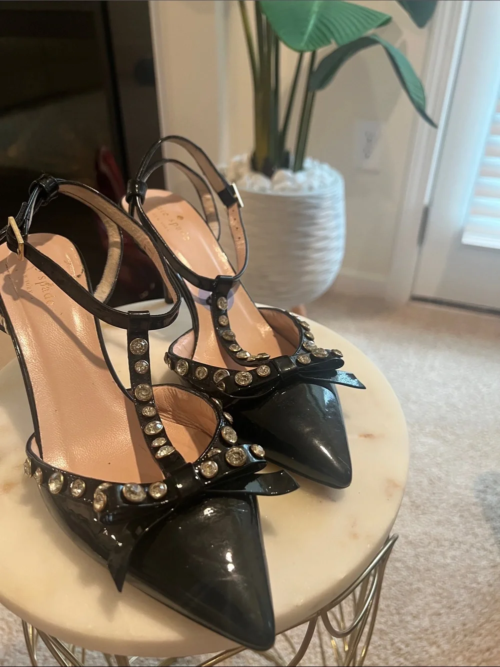 kate spade Black Patent T‑Strap Pointed-Toe Heels with Crystal Accents